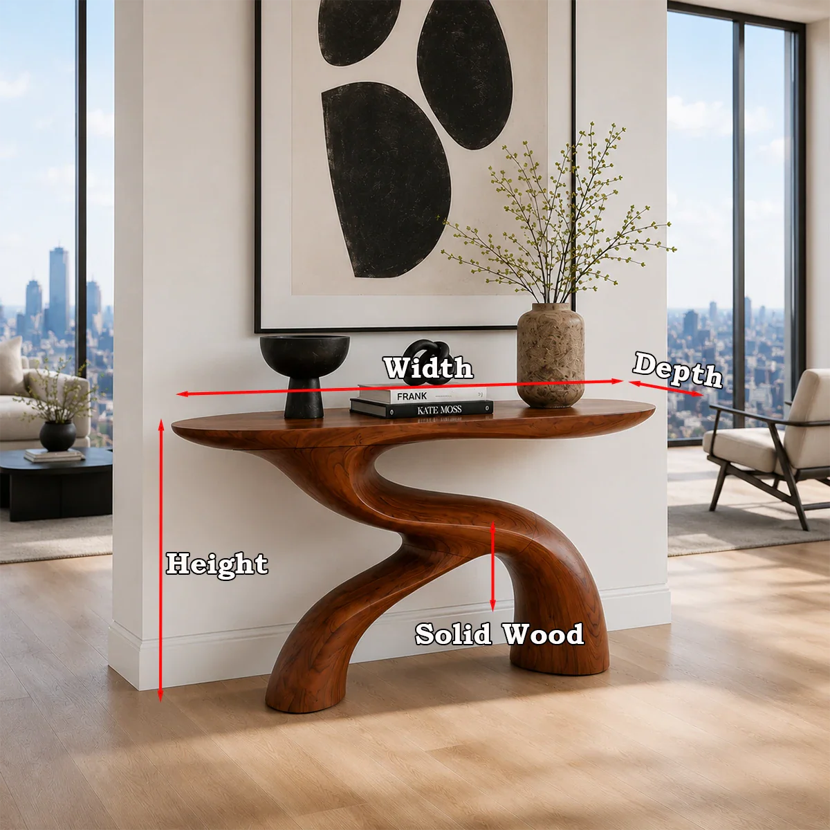 Contemporary hallway console with organic inspired shape and minimalist presence