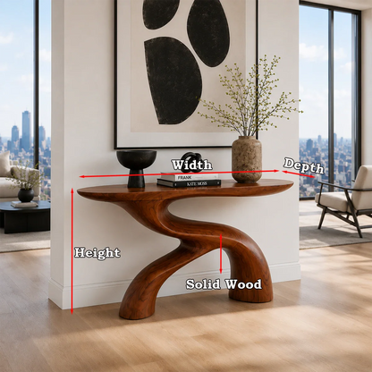 Contemporary hallway console with organic inspired shape and minimalist presence