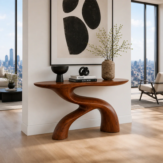 Handcrafted console table featuring a bold sculptural base and contemporary aesthetics