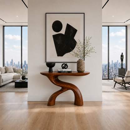 Statement console table showcasing an abstract curved base and refined wood grain