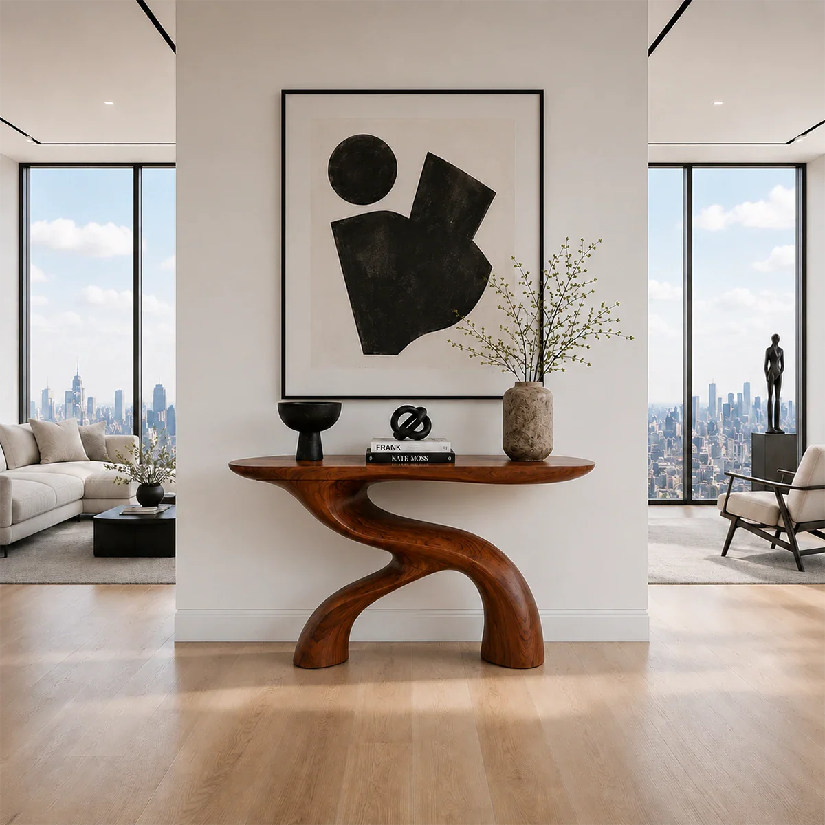 Modern foyer table with handcrafted sculptural form and fluid architectural profile