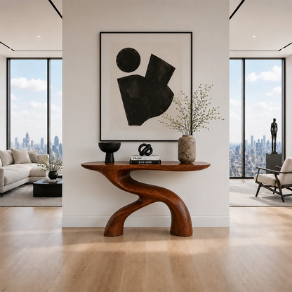 Modern foyer table with handcrafted sculptural form and fluid architectural profile