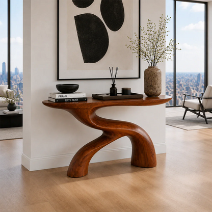 Sculpted hallway table designed with smooth flowing lines and artistic character
