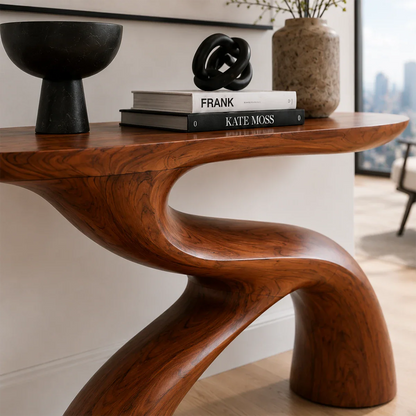 Contemporary accent table with dramatic curved form and refined natural grain patterns