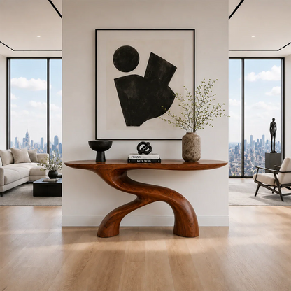Artistic entryway console featuring a seamless sculpted silhouette and elegant curves