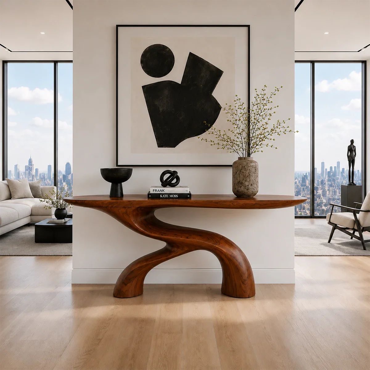 Sculptural console table with flowing curved base and contemporary organic modern style