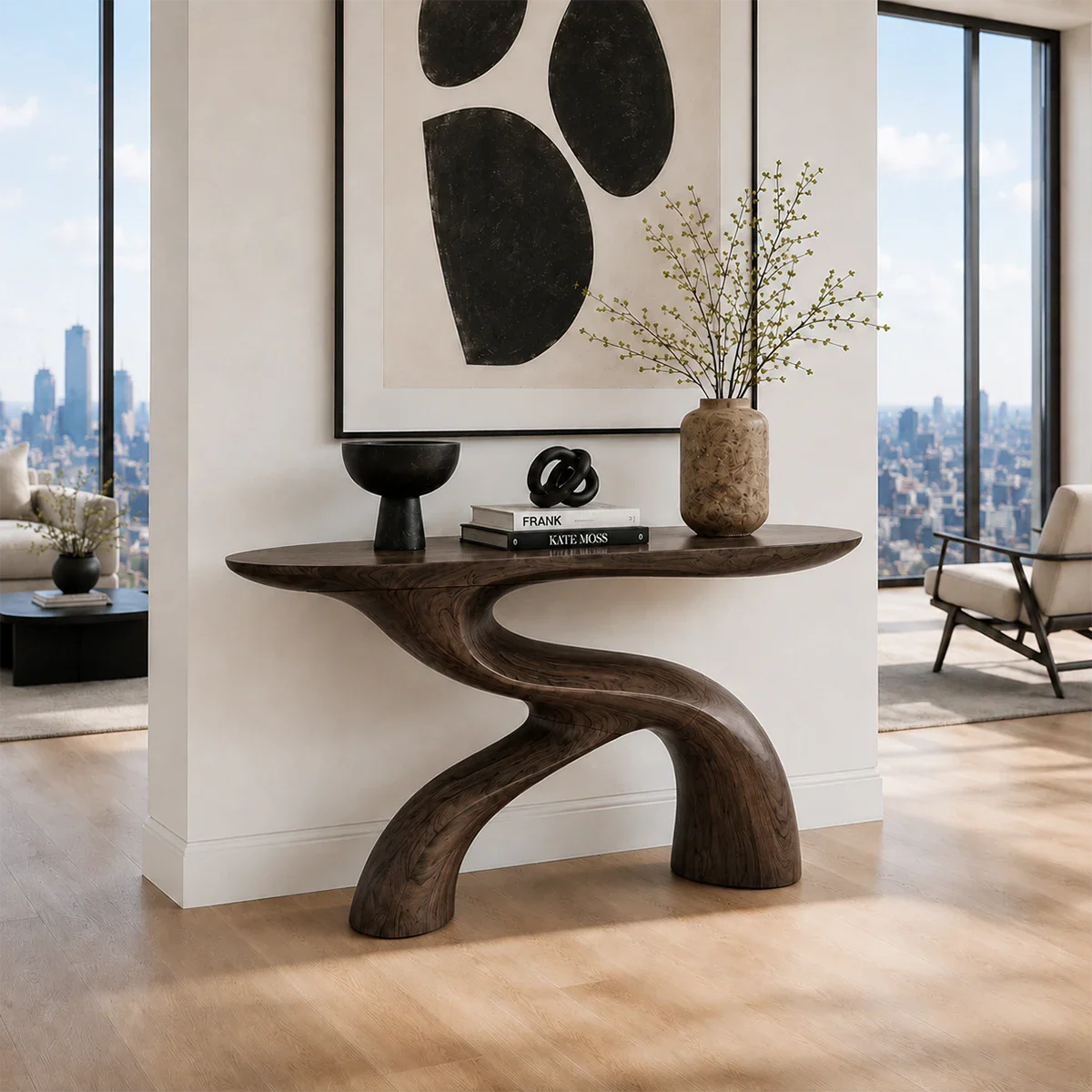 Architectural console table blending fluid contours with contemporary design details