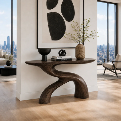 Architectural console table blending fluid contours with contemporary design details