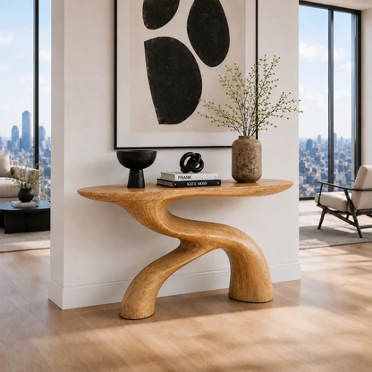Luxury console furniture with artistic curved supports and modern interior appeal