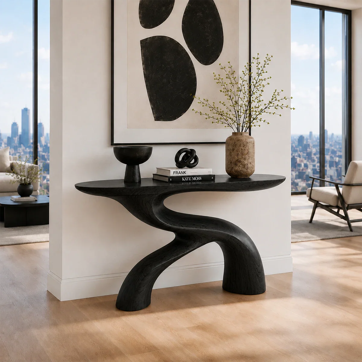 Designer entry table featuring a flowing pedestal structure and sculptural elegance