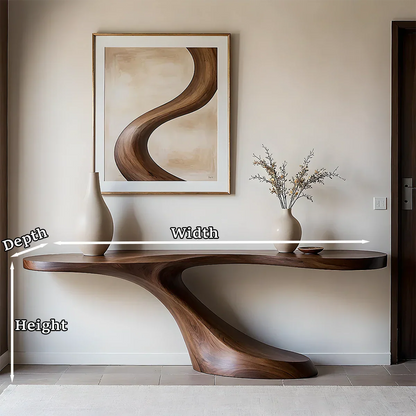 Modern solid wood console table with sculptural curved base, perfect for elegant entryway styling