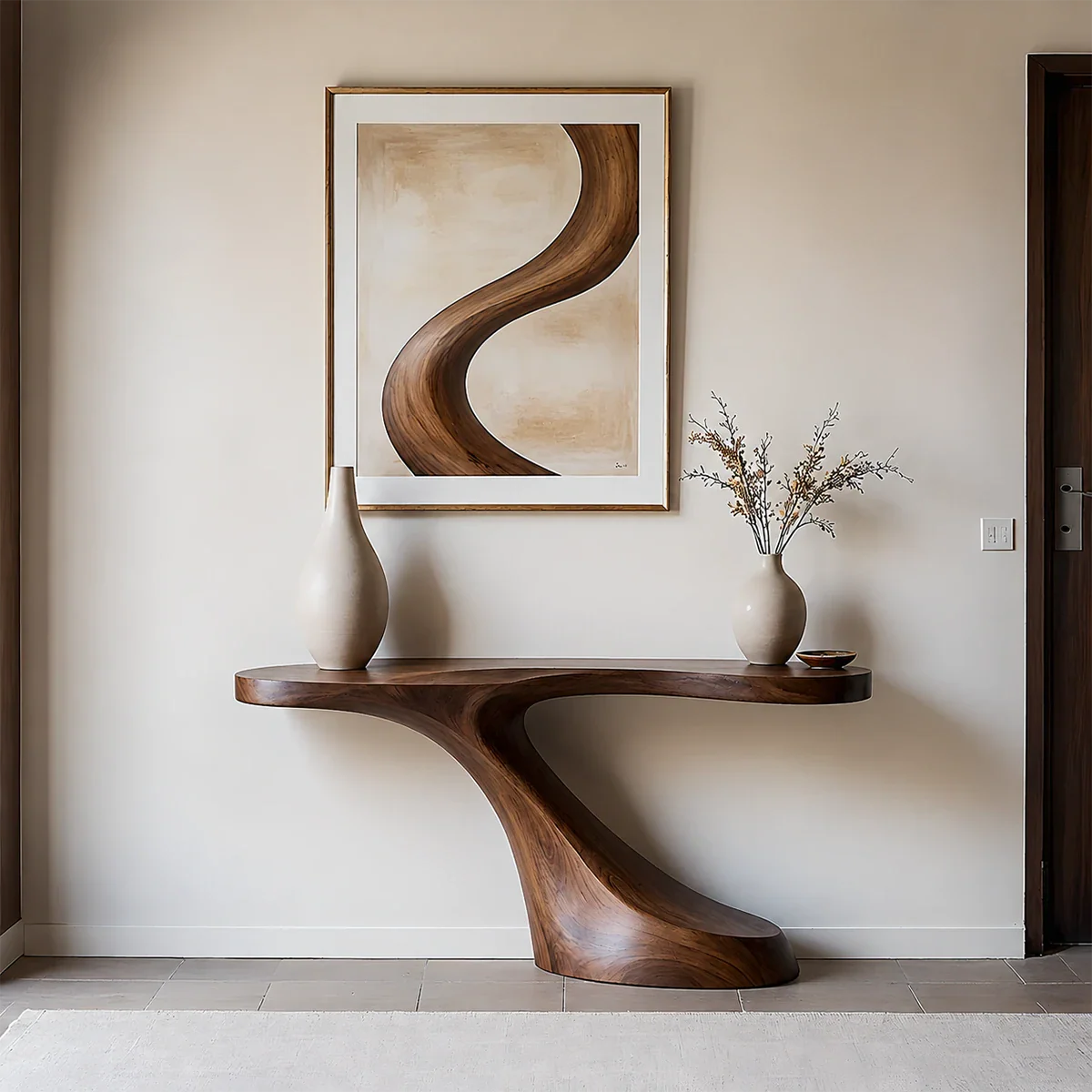 Modern Sculptural Console Table in Natural Solid Wood for Entryway