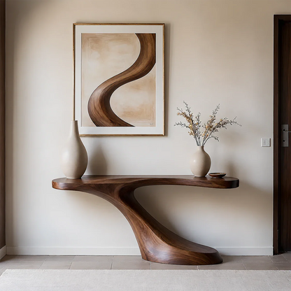 Modern Sculptural Console Table in Natural Solid Wood for Entryway