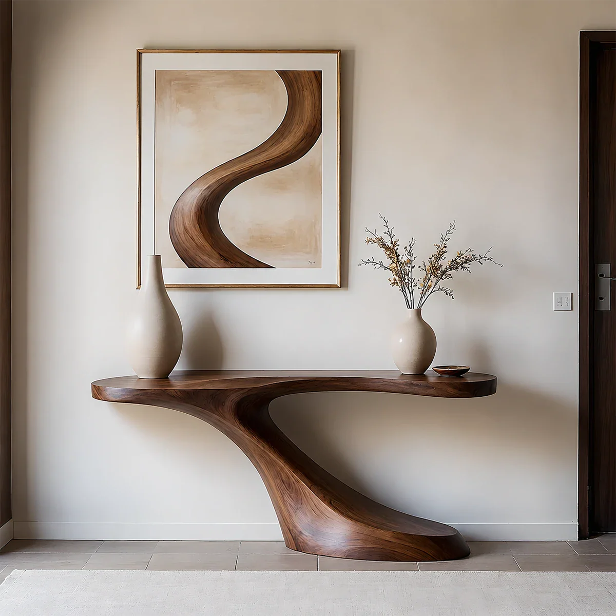 Modern Sculptural Console Table in Natural Solid Wood for Entryway