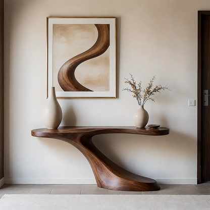 Modern Sculptural Console Table in Natural Solid Wood for Entryway