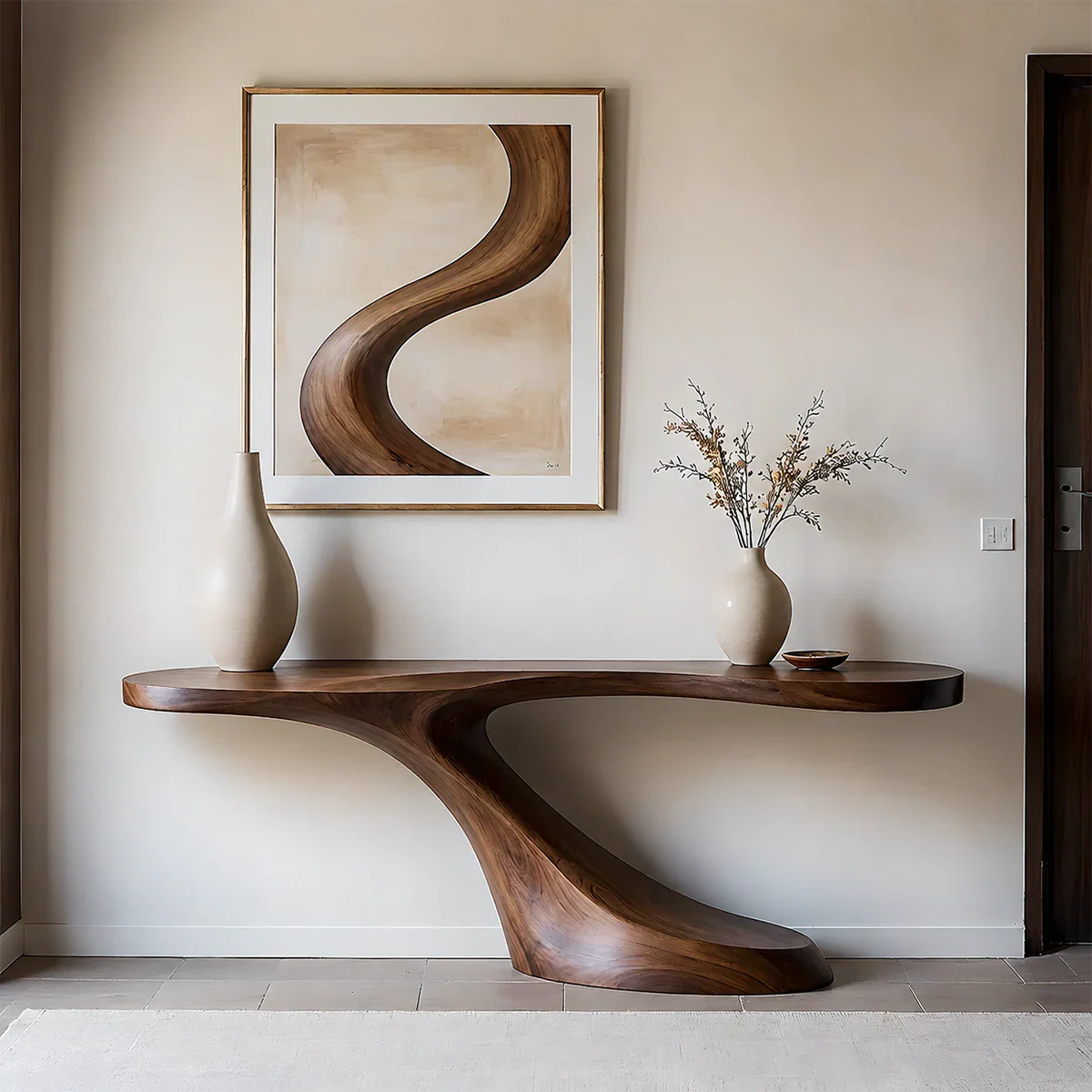 Modern Sculptural Console Table in Natural Solid Wood for Entryway