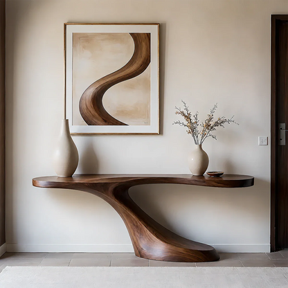Modern Sculptural Console Table in Natural Solid Wood for Entryway