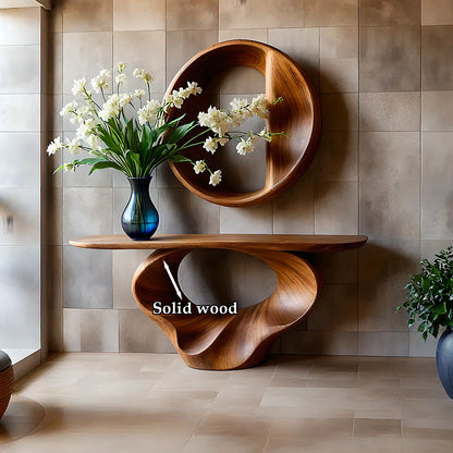 Elegant brown wooden console table with spiral structure