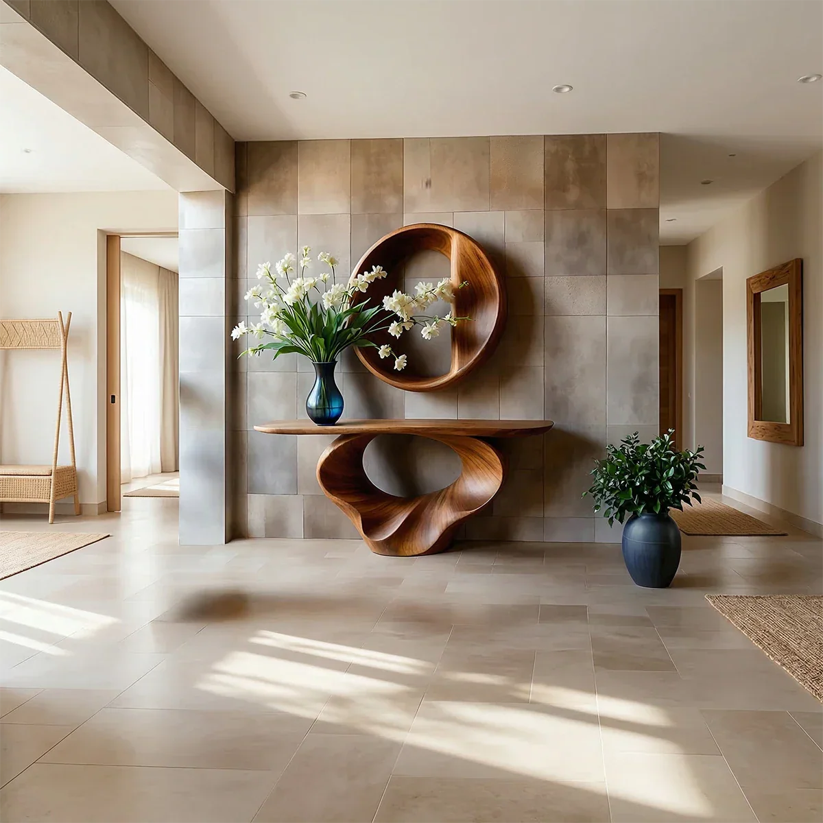 Artistic brown wood console table with spiral design