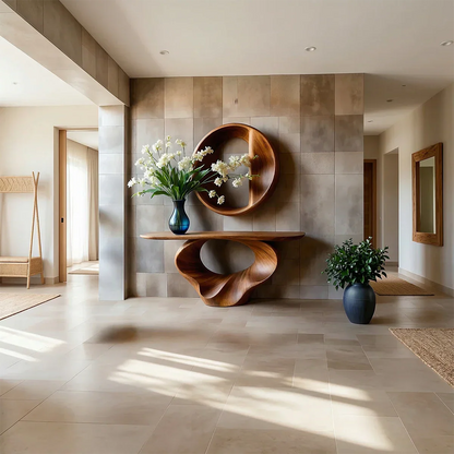 Artistic brown wood console table with spiral design