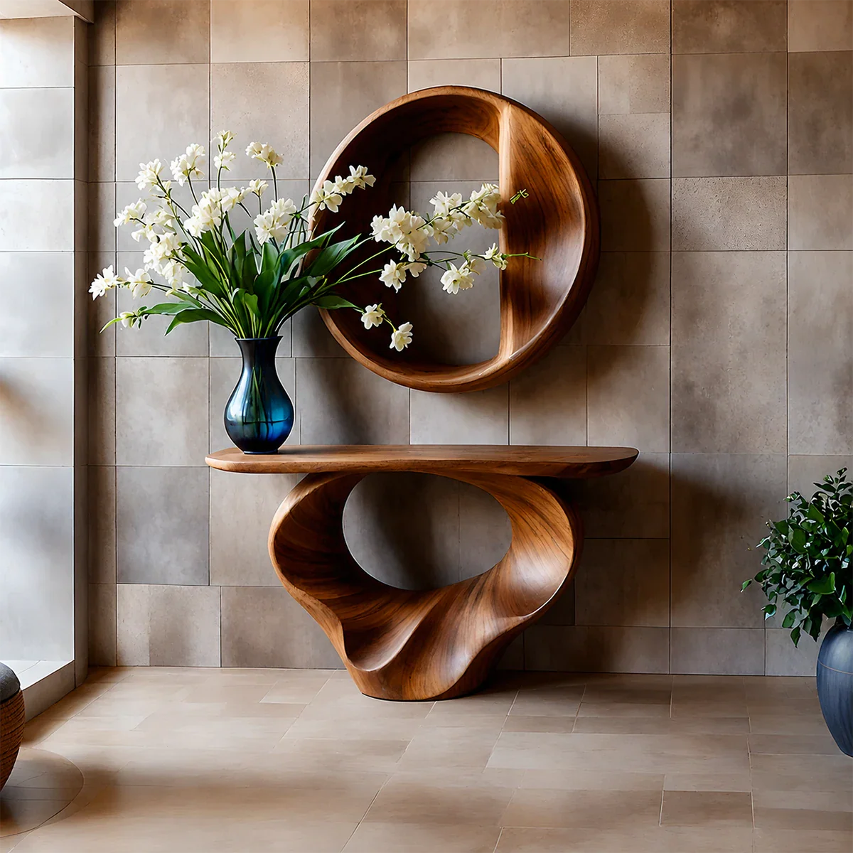 Console Table Natural Solid Wood Sculptural Spiral Loop Base