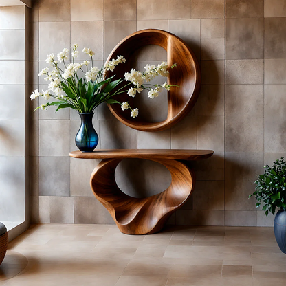 Console Table Natural Solid Wood Sculptural Spiral Loop Base