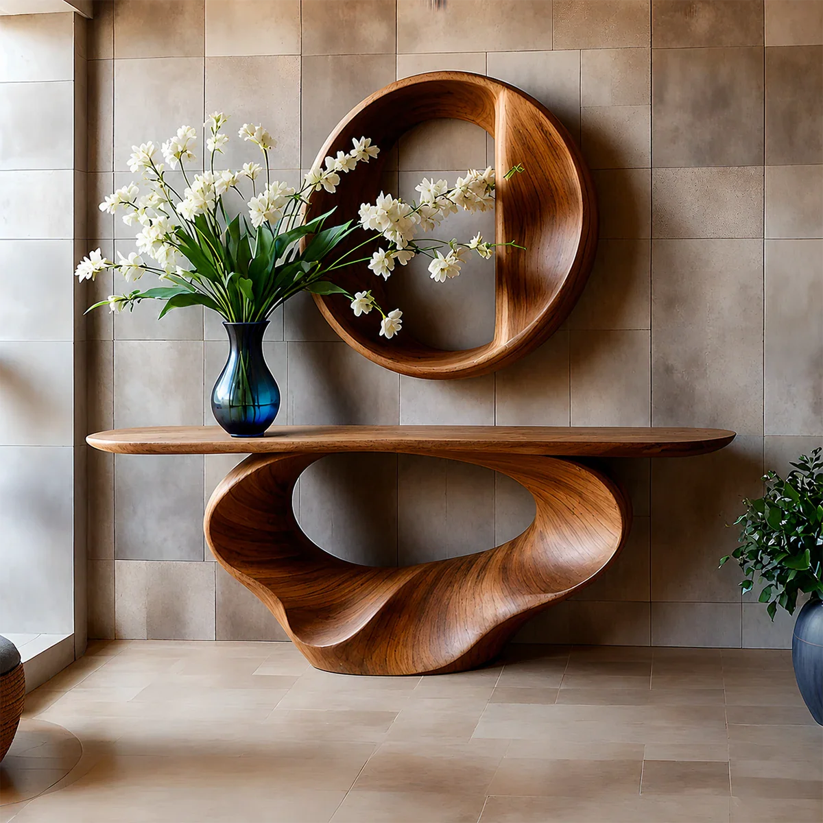 Console Table Natural Solid Wood Sculptural Spiral Loop Base