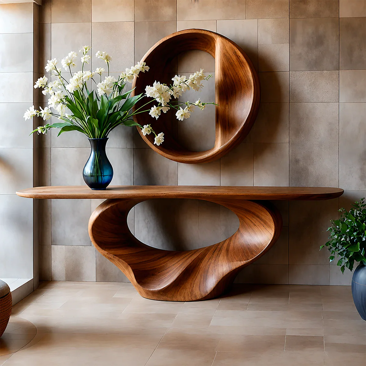 Console Table Natural Solid Wood Sculptural Spiral Loop Base