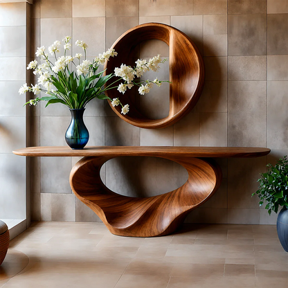 Console Table Natural Solid Wood Sculptural Spiral Loop Base