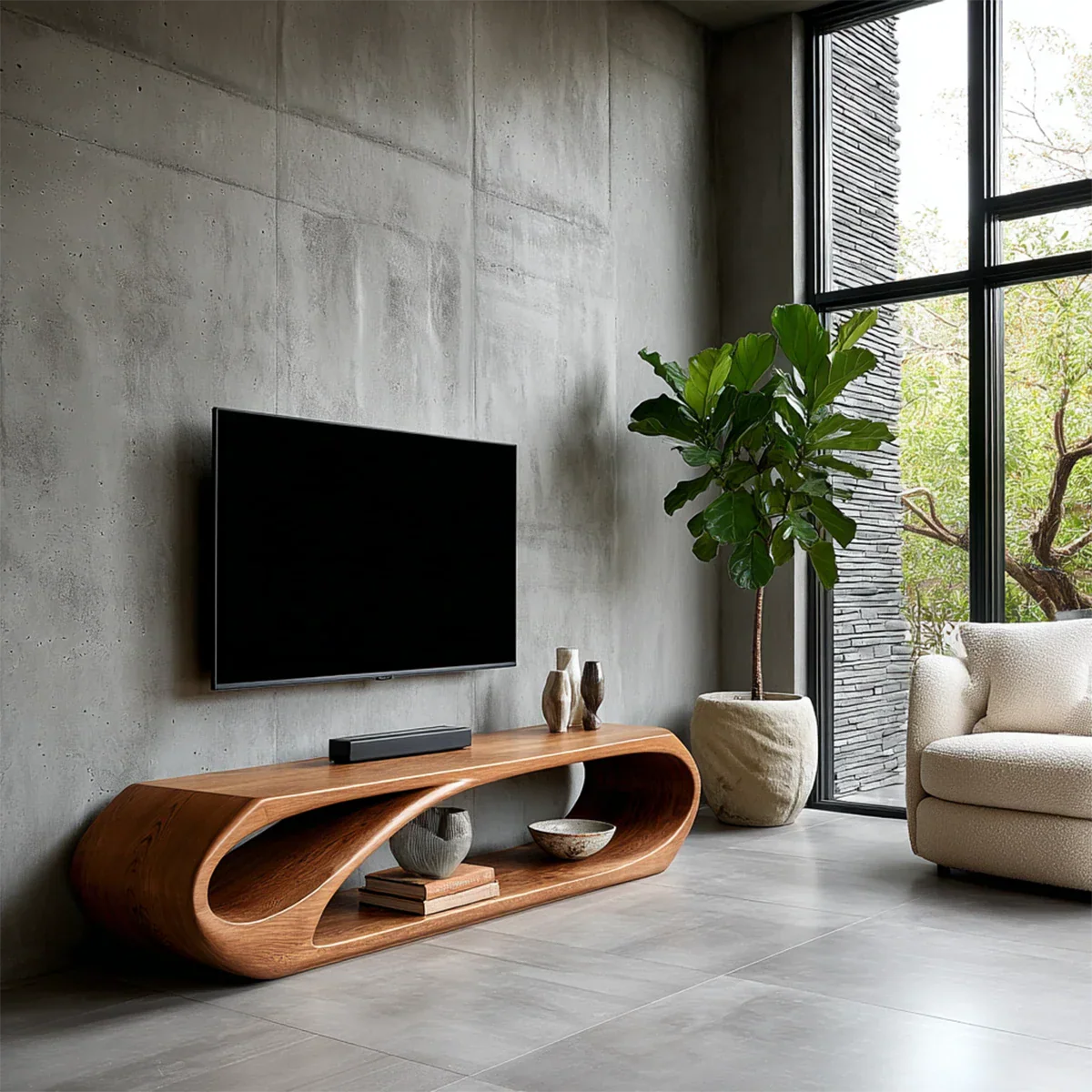 Modern TV stand with sculptural open storage and natural wood finish for minimalist interiors