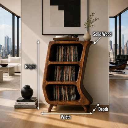 Architectural record display stand with open LP compartments and turntable surface