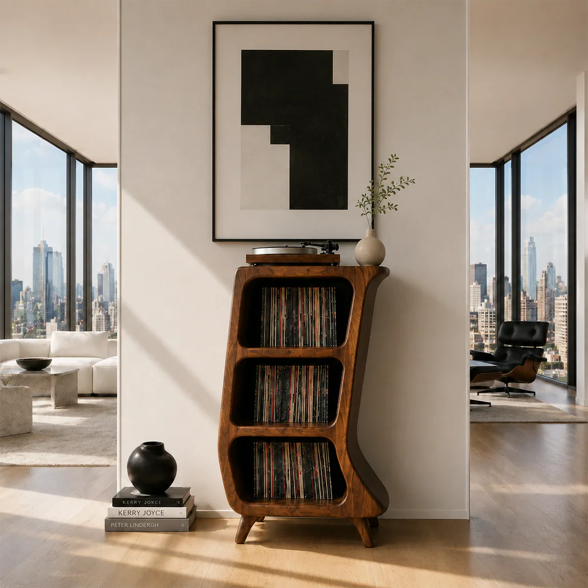 Minimalist vinyl storage unit for record collections and dedicated turntable placement