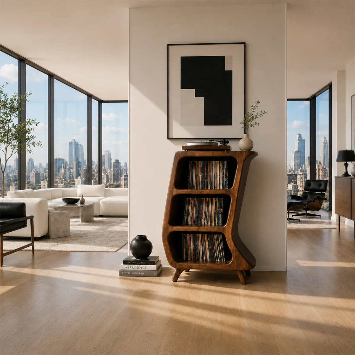 Vertical record player stand featuring angled vinyl storage and modern listening station