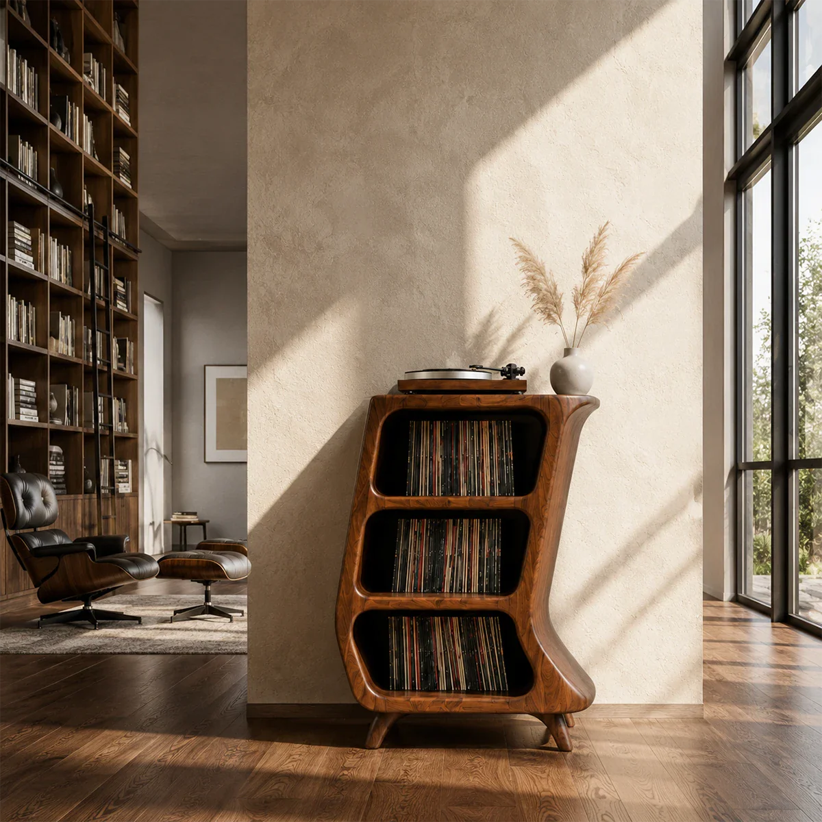 Contemporary LP organizer with sculpted profile for albums and turntable equipment