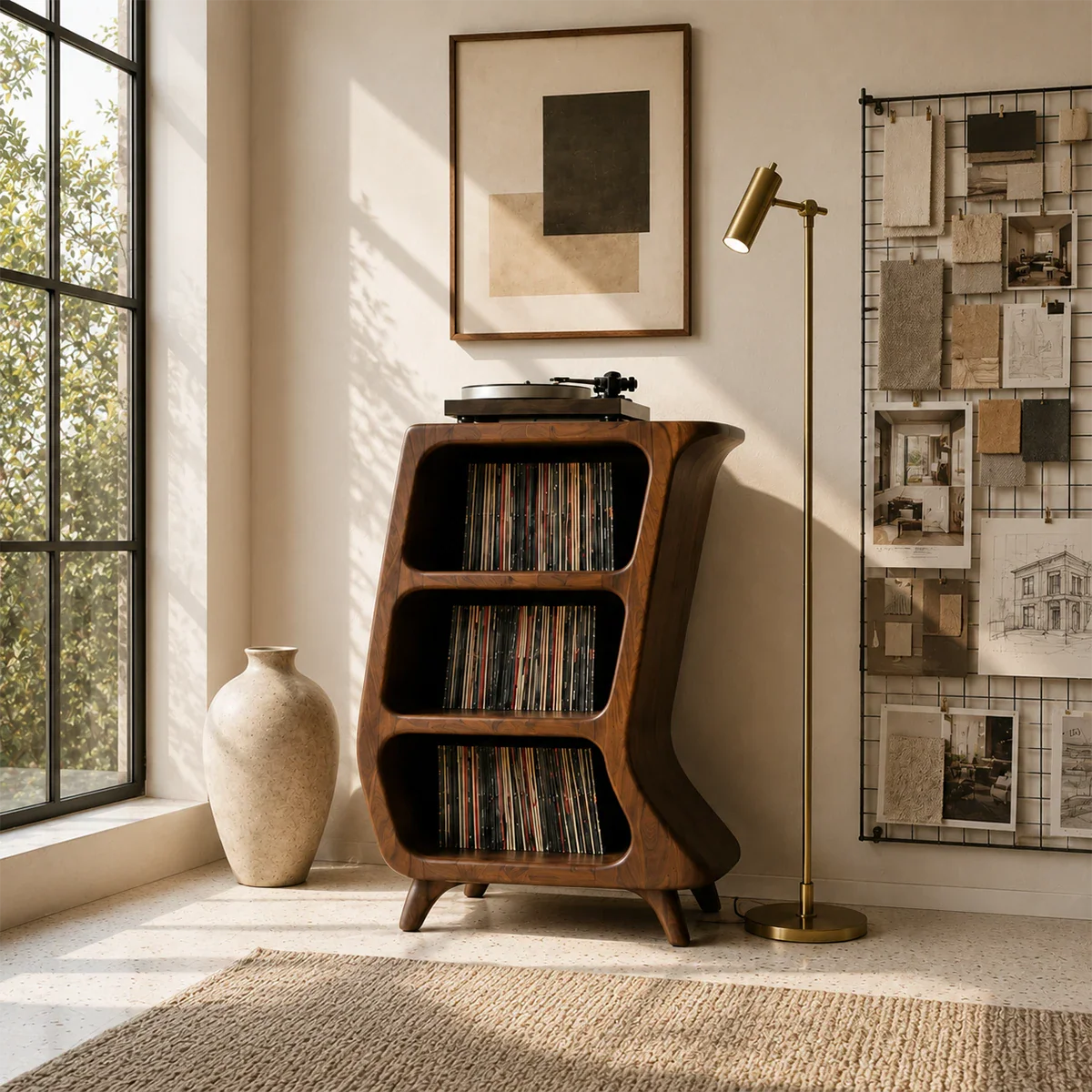 Designer vinyl storage tower offering compact record organization and playback space