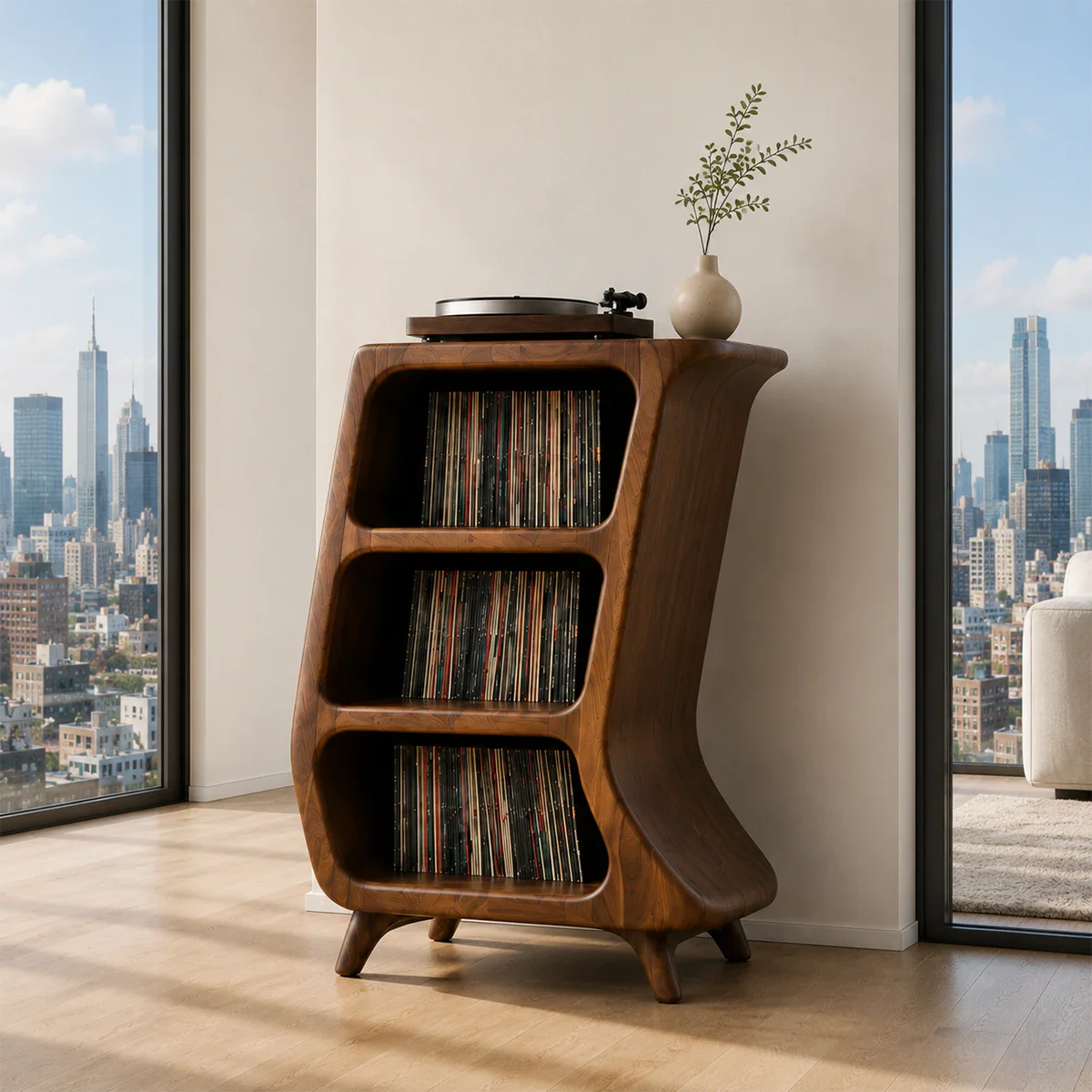 Modern turntable storage cabinet with open compartments for vinyl record collections
