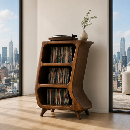 Modern turntable storage cabinet with open compartments for vinyl record collections
