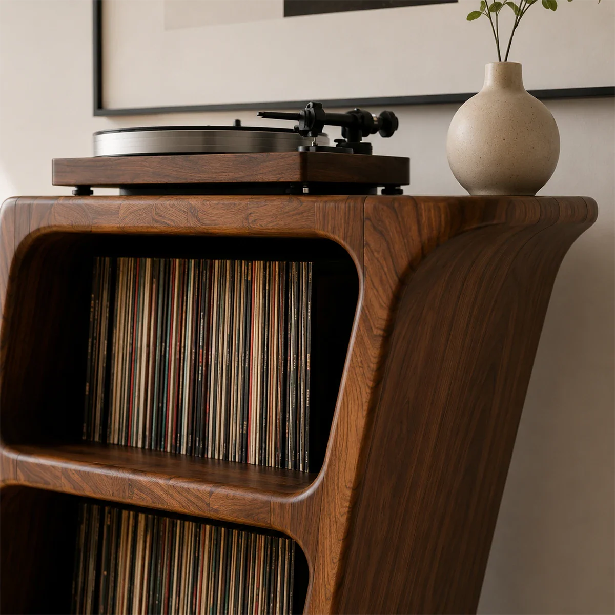 Premium audiophile record rack with vertical LP storage and display-ready turntable top