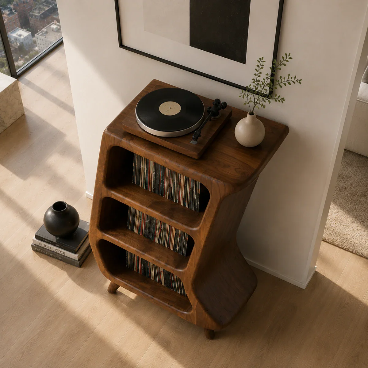 Artistic vinyl media stand combining album storage with streamlined audio furniture