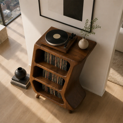 Artistic vinyl media stand combining album storage with streamlined audio furniture