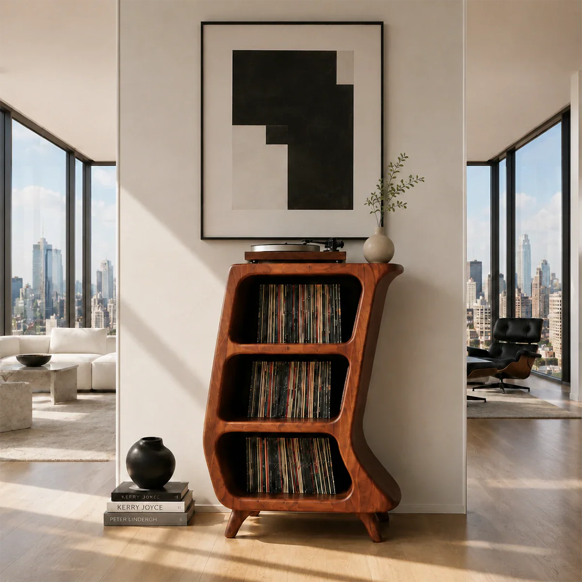 Space-saving LP storage furniture with sculptural form and integrated turntable platform
