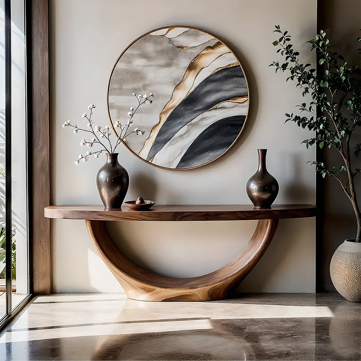 Sculptural walnut console table with semicircle loop base