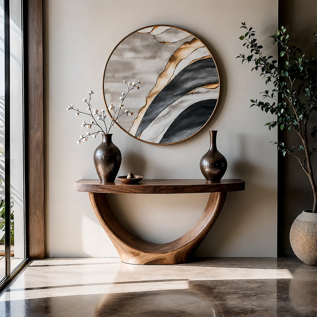 Sculptural Base Console Table Natural Solid Wood Entryway Loop Base