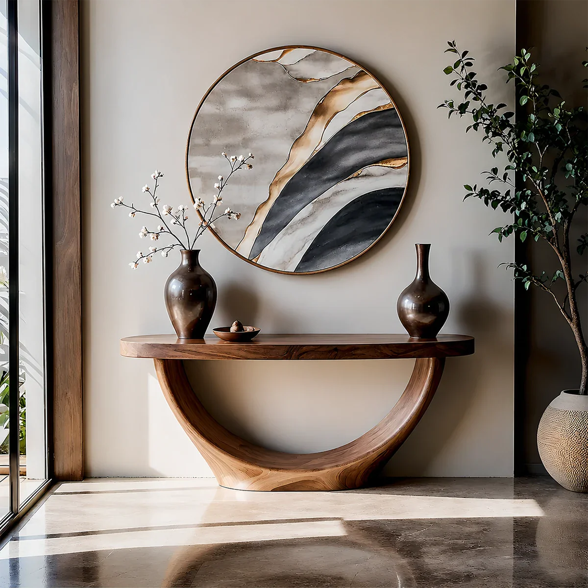 Sculptural Base Console Table Natural Solid Wood Entryway Loop Base