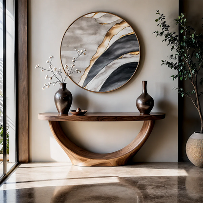 Sculptural Base Console Table Natural Solid Wood Entryway Loop Base