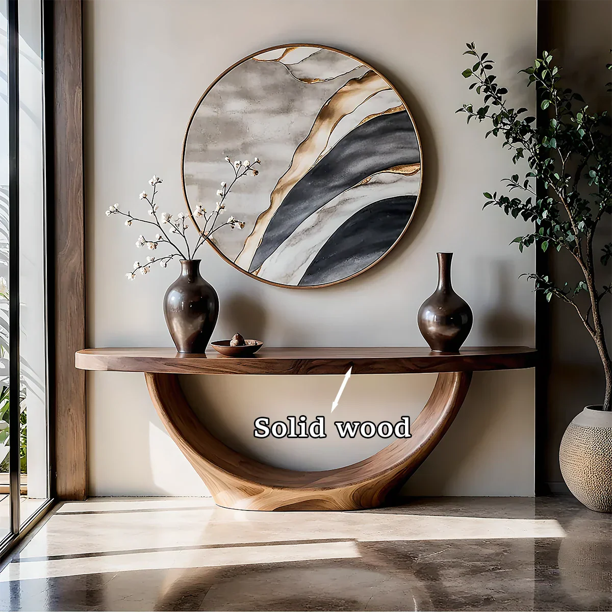 Unique walnut console table with semicircle pedestal