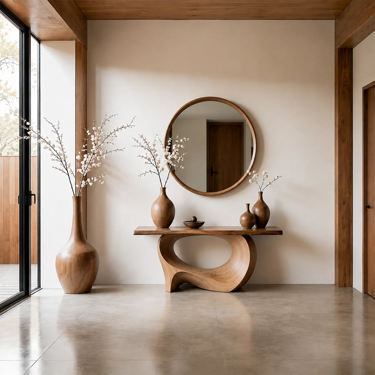 Natural Solid Wood Console Table Sculptural Low Oval Base Design