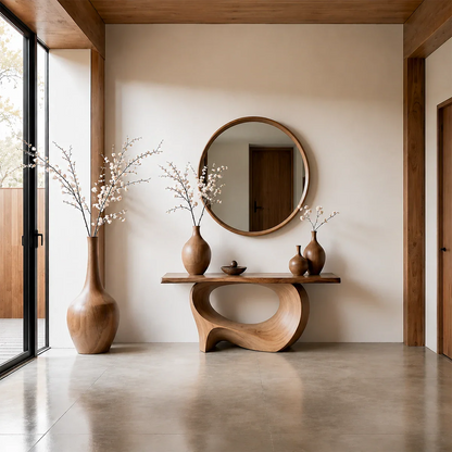 Natural Solid Wood Console Table Sculptural Low Oval Base Design