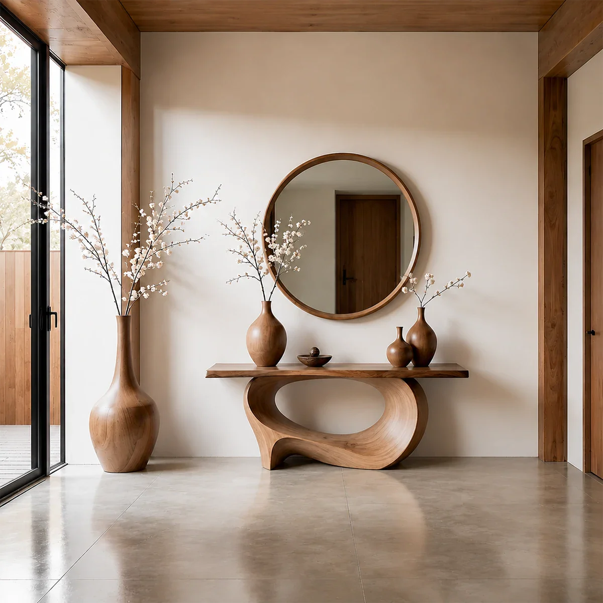 Natural Solid Wood Console Table Sculptural Low Oval Base Design