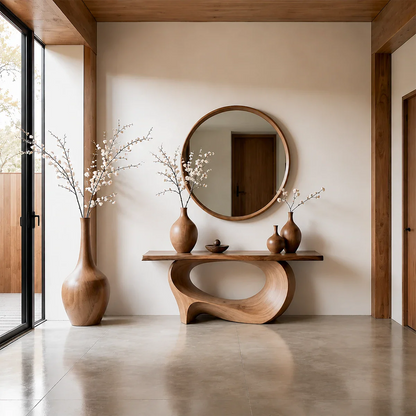 Natural Solid Wood Console Table Sculptural Low Oval Base Design
